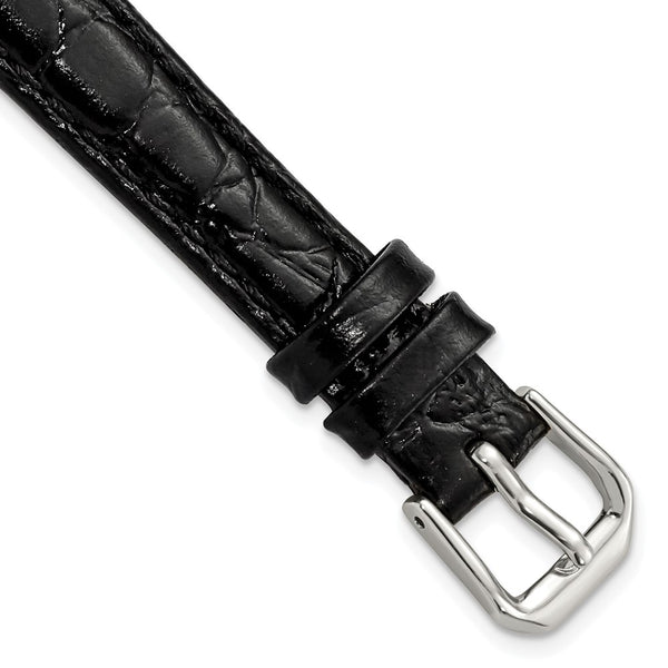 12mm Black Alligator Grain Leather Silver-tone Buckle Watch Band