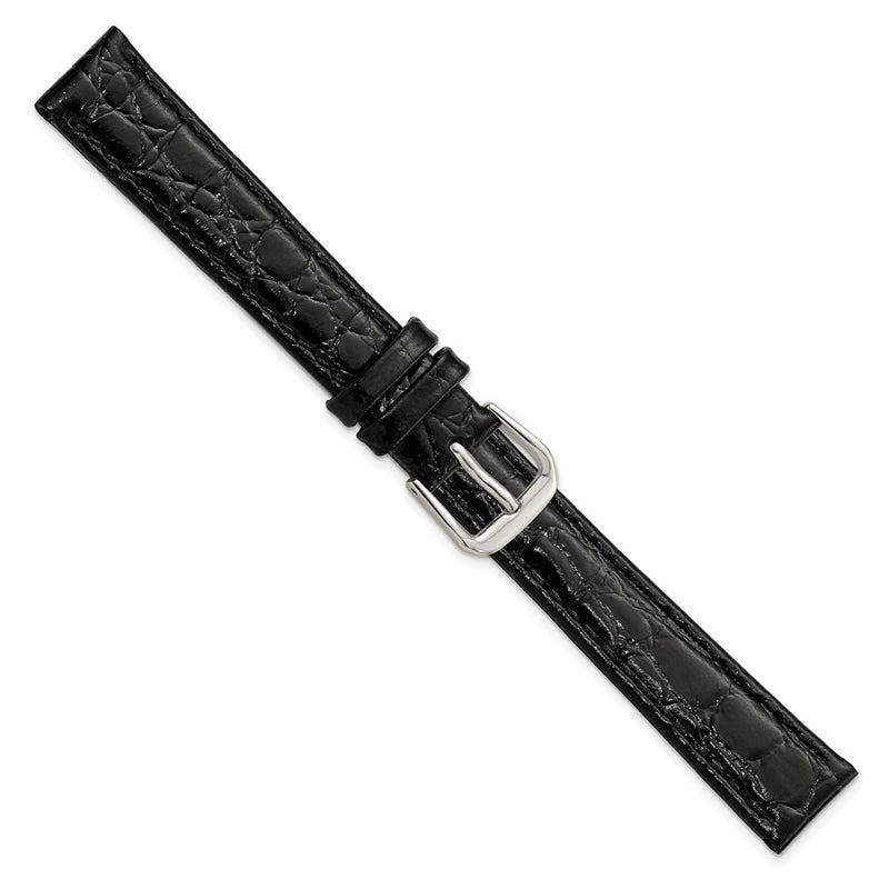 14mm Black Alligator Grain Leather Silver-tone Buckle Watch Band