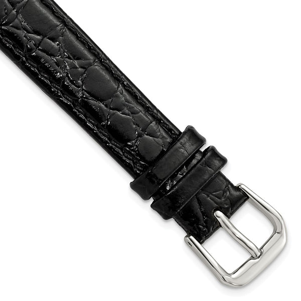 14mm Black Alligator Grain Leather Silver-tone Buckle Watch Band