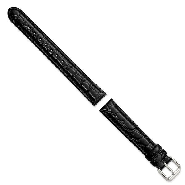 15mm Black Alligator Grain Leather Silver-tone Buckle Watch Band