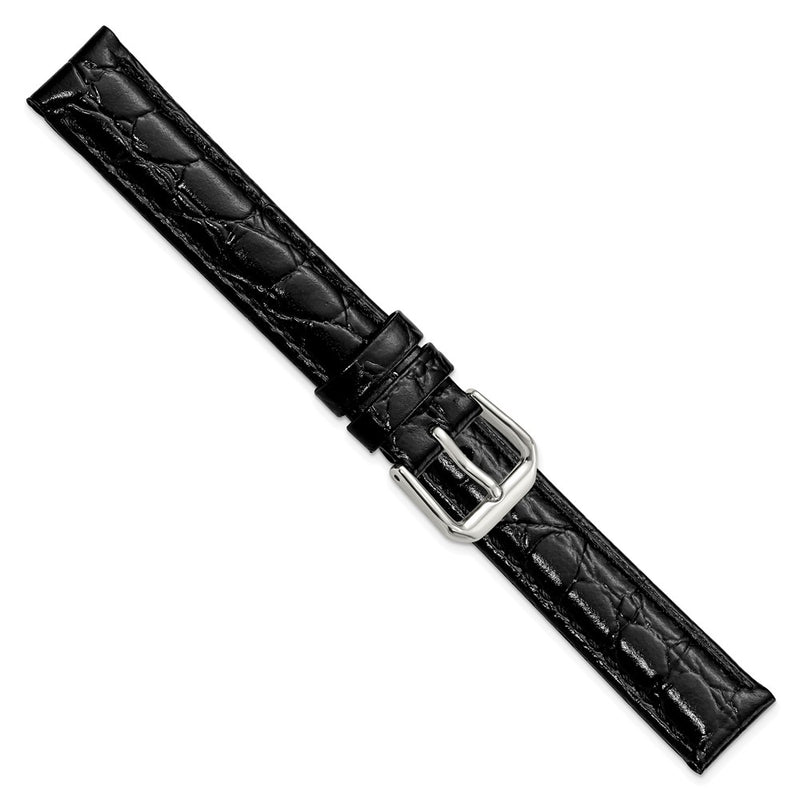 DeBeer 15mm Black Alligator Grain Leather with Silver-tone Buckle 7.5 inch Watch Band