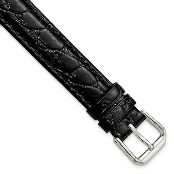 15mm Black Alligator Grain Leather Silver-tone Buckle Watch Band