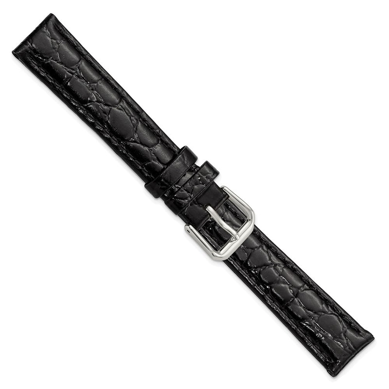 16mm Black Alligator Grain Leather Silver-tone Buckle Watch Band