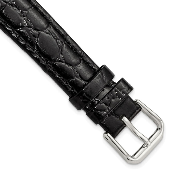 16mm Black Alligator Grain Leather Silver-tone Buckle Watch Band