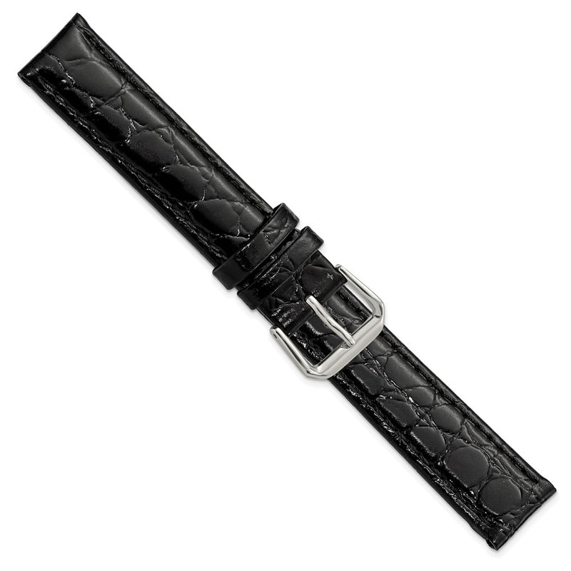 17mm Black Alligator Grain Leather Silver-tone Buckle Watch Band