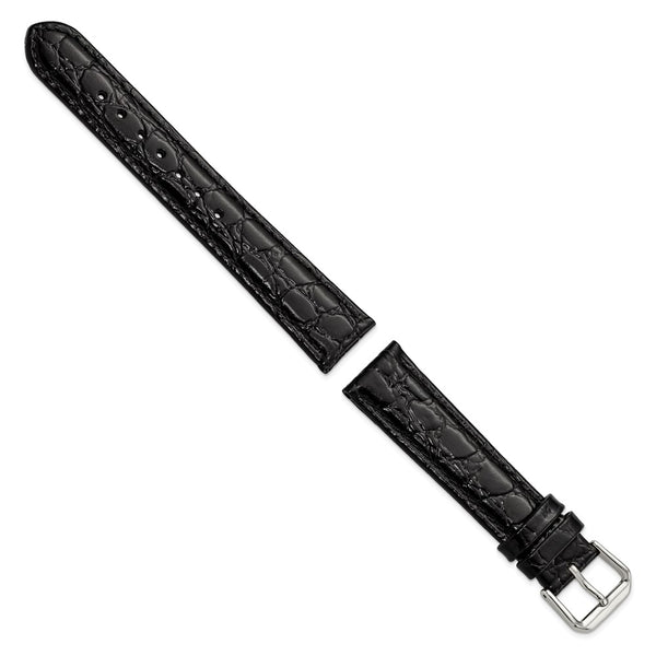 18mm Black Alligator Grain Leather Silver-tone Buckle Watch Band