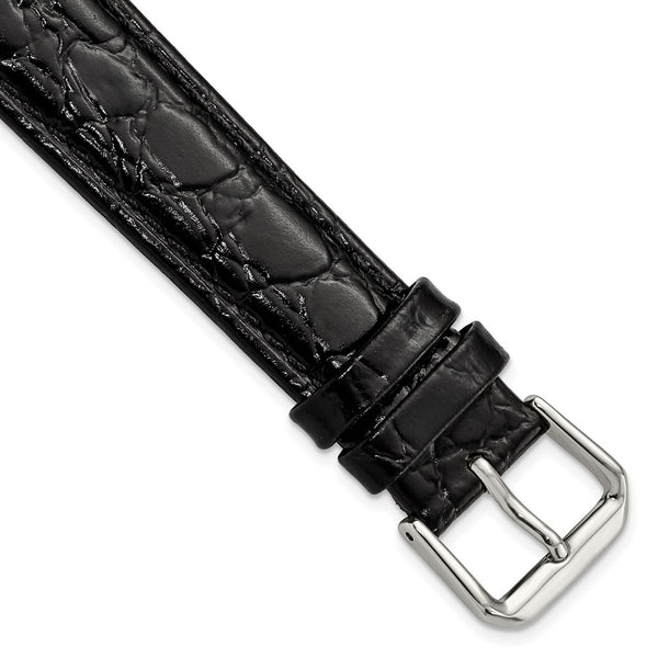 18mm Black Alligator Grain Leather Silver-tone Buckle Watch Band