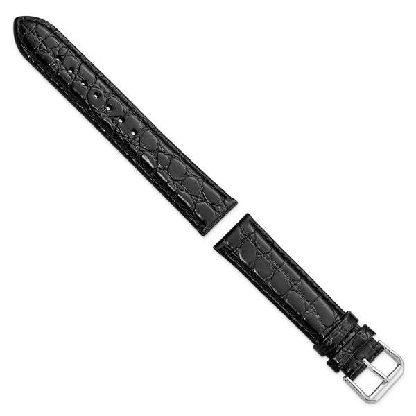 19mm Black Alligator Grain Leather Silver-tone Buckle Watch Band