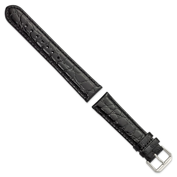 20mm Black Alligator Grain Leather Silver-tone Buckle Watch Band