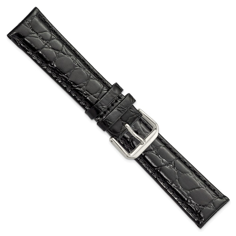 20mm Black Alligator Grain Leather Silver-tone Buckle Watch Band