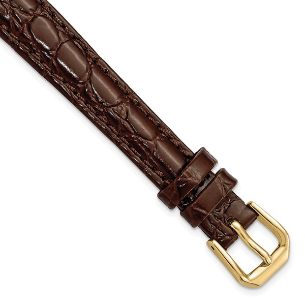 DeBeer 12mm Dark Brown Alligator Grain Leather with Gold-tone Buckle 6.75 inch Watch Band