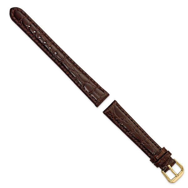 DeBeer 14mm Dark Brown Alligator Grain Leather with Gold-tone Buckle 6.75 inch Watch Band