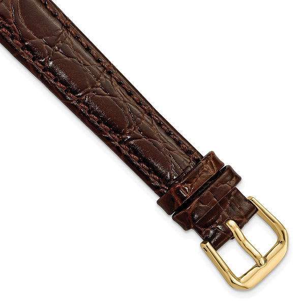 DeBeer 14mm Dark Brown Alligator Grain Leather with Gold-tone Buckle 6.75 inch Watch Band