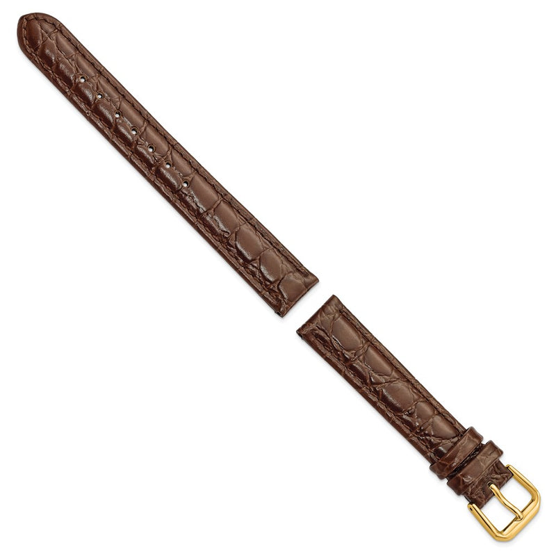 DeBeer 15mm Dark Brown Alligator Grain Leather with Gold-tone Buckle 7.5 inch Watch Band
