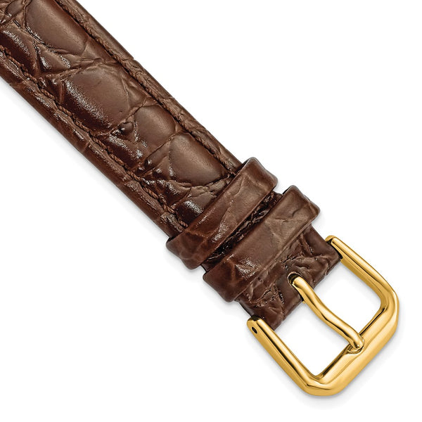 DeBeer 15mm Dark Brown Alligator Grain Leather with Gold-tone Buckle 7.5 inch Watch Band