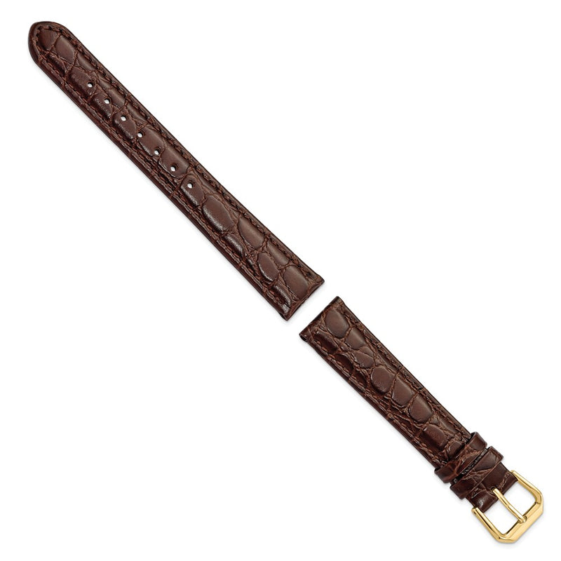 DeBeer 16mm Dark Brown Alligator Grain Leather with Gold-tone Buckle 7.5 inch Watch Band