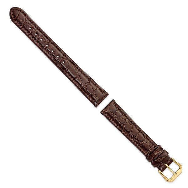 16mm Dark Brown Alligator Grain Leather Gold-tone Buckle Watch Band