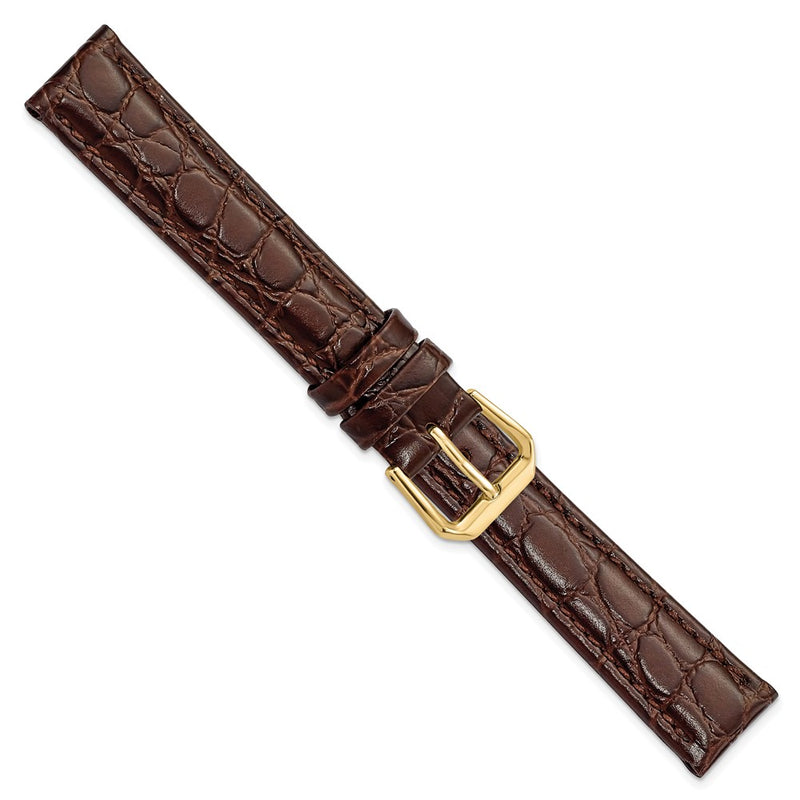 DeBeer 16mm Dark Brown Alligator Grain Leather with Gold-tone Buckle 7.5 inch Watch Band