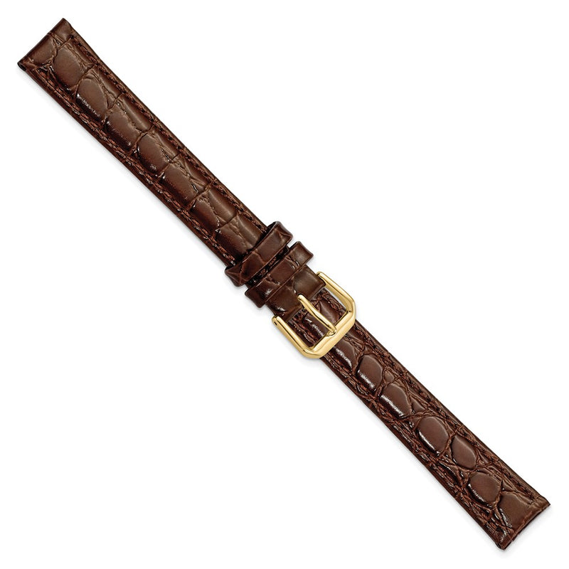 DeBeer 16mm Extra Long Brown Alligator Grain Leather with Gold-tone Buckle 9.5 inch Watch Band