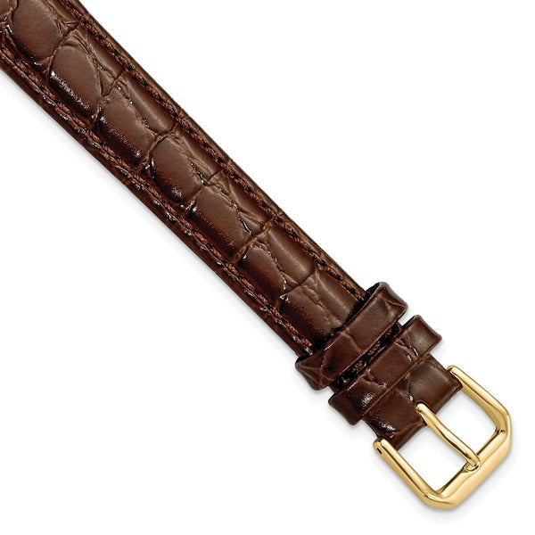 16mm Extra Long Dark Brown Alligator Grain Gold-tone Buckle Watch Band