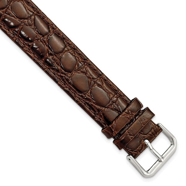 DeBeer 19mm Extra Long Brown Alligator Grain Leather with Silver-tone Buckle 9.5 inch Watch Band