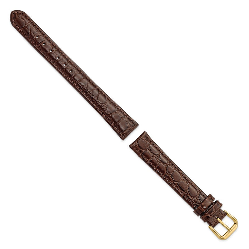 16mm Long Dark Brown Alligator Grain Leather Gold-tone Buckle Watch Band