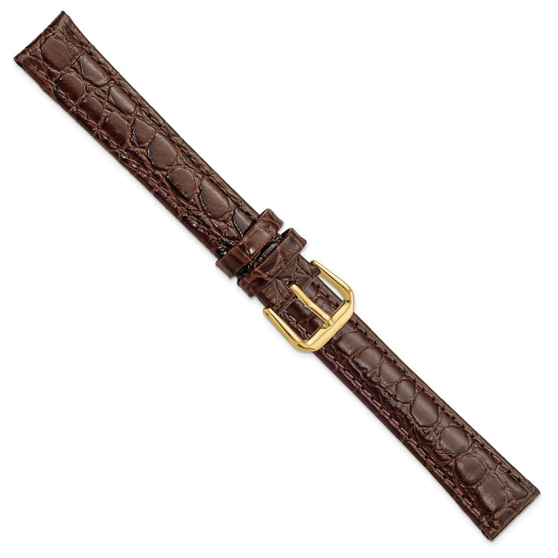 16mm Long Dark Brown Alligator Grain Leather Gold-tone Buckle Watch Band