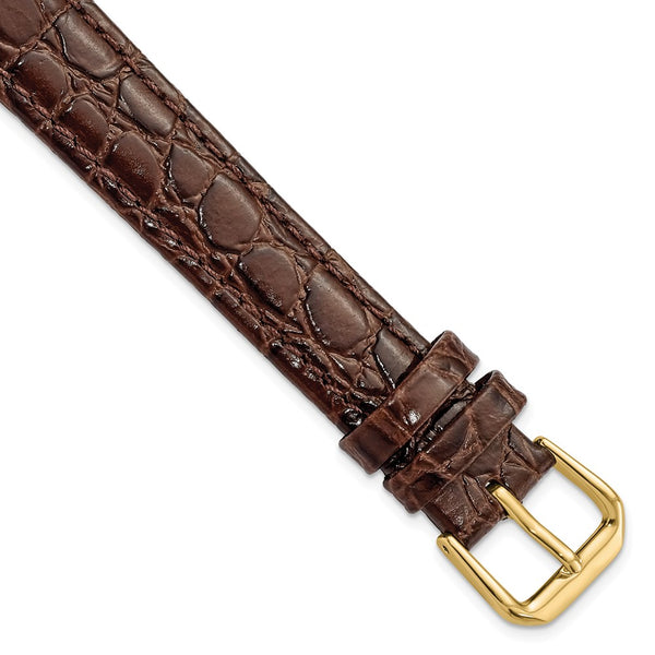 16mm Long Dark Brown Alligator Grain Leather Gold-tone Buckle Watch Band