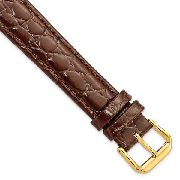 18mm Long Dark Brown Alligator Grain Leather Gold-tone Buckle Watch Band