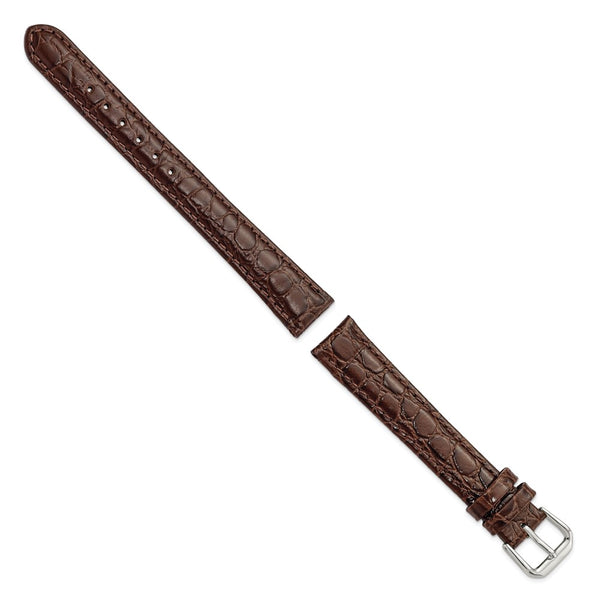 16mm Long Dark Brown Alligator Grain Silver-tone Buckle Watch Band