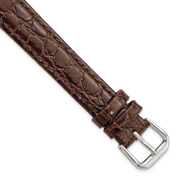 16mm Long Dark Brown Alligator Grain Silver-tone Buckle Watch Band