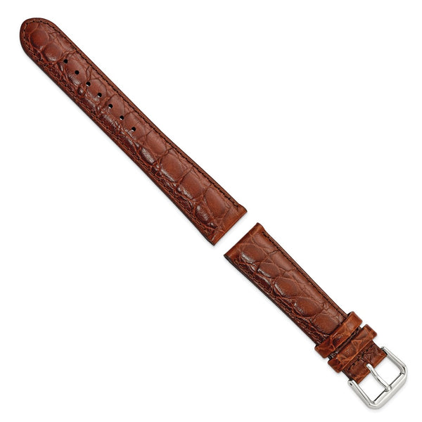 18mm Short Dark Brown Alligator Grain Leather Silver-tone Buckle Watch Band