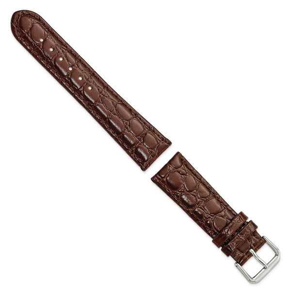 20mm Short Dark Brown Alligator Grain Leather Silver-tone Buckle Watch Band