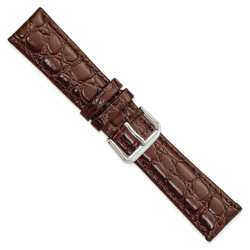 20mm Short Dark Brown Alligator Grain Leather Silver-tone Buckle Watch Band