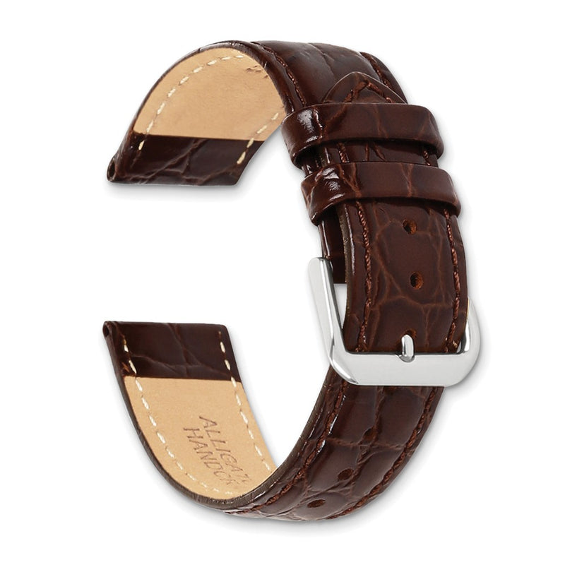 DeBeer 19mm Extra Long Brown Alligator Grain Leather with Silver-tone Buckle 9.5 inch Watch Band