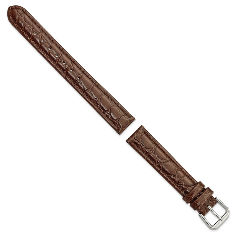 15mm Dark Brown Alligator Grain Leather Silver-tone Buckle Watch Band