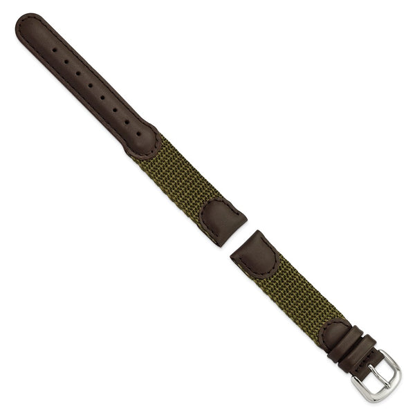 DeBeer 16mm Olive Army Style Nylon and Brown Leather with Stainless Steel Buckle 7.75 inch Watch Band