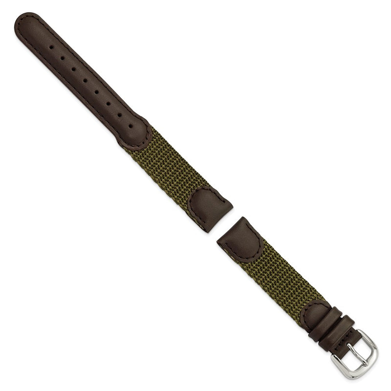 DeBeer 16mm Olive Army Style Nylon and Brown Leather with Stainless Steel Buckle 7.75 inch Watch Band