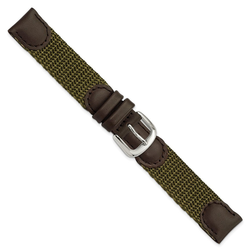 DeBeer 16mm Olive Army Style Nylon and Brown Leather with Stainless Steel Buckle 7.75 inch Watch Band
