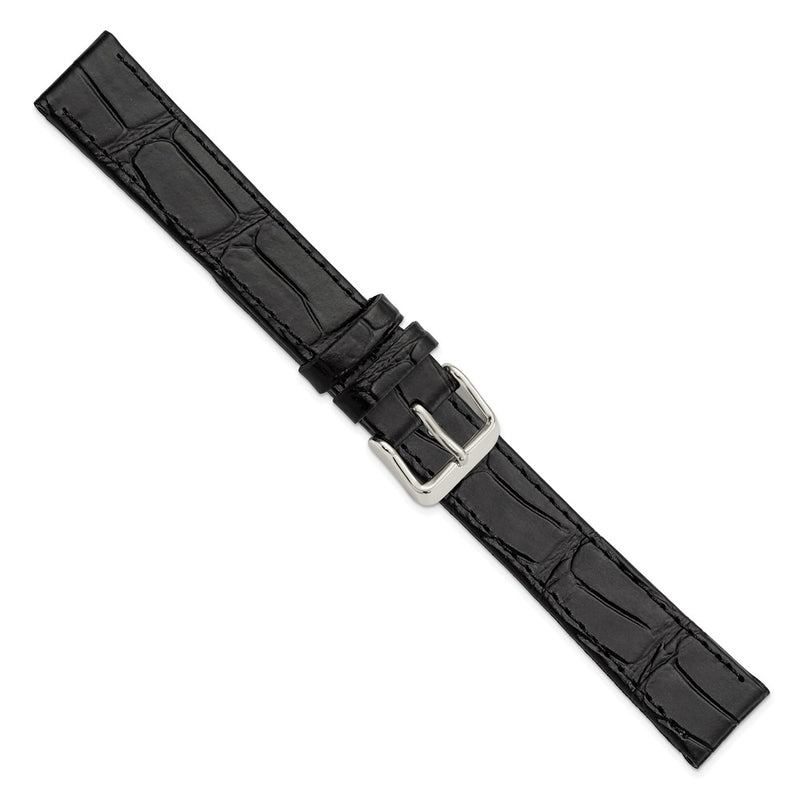 Gilden 18mm Extra-Long Black Matte Gator Grain Calfskin Leather with Silver-tone Aluminum Buckle 8.25 inch Watch Band