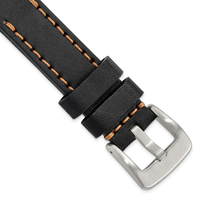 Gilden 20mm Black Thick and Heavy Sport Calfskin Leather with Brown Stitching and Stainless Steel Buckle 8.1 inch Watch Band