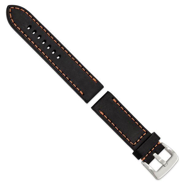 Gilden 24mm Black Thick and Heavy Sport Calfskin Leather with Brown Stitching and Stainless Steel Buckle 8.1 inch Watch Band