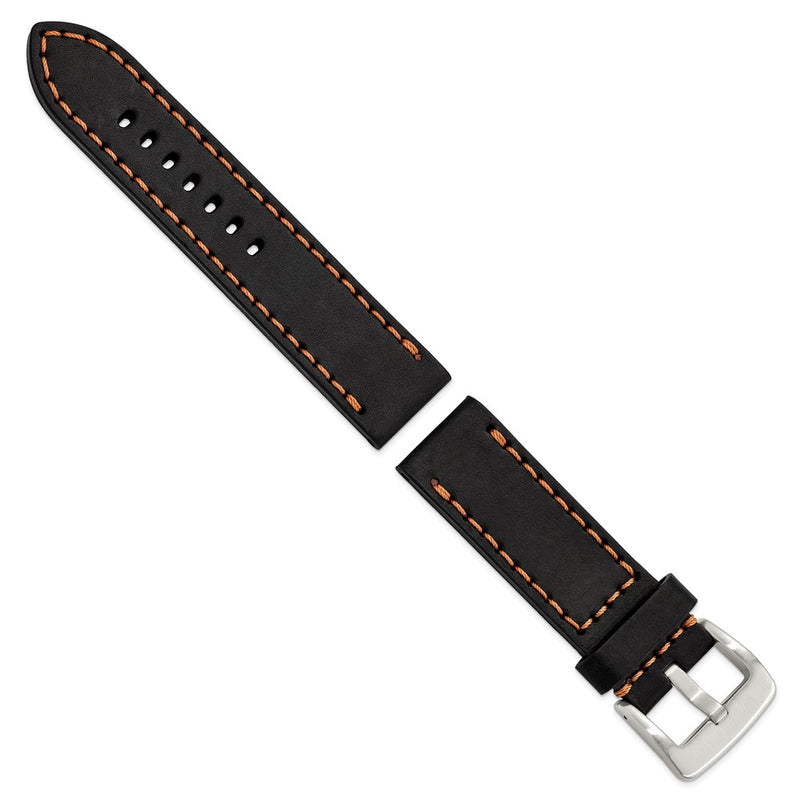 Gilden 24mm Black Thick and Heavy Sport Calfskin Leather with Brown Stitching and Stainless Steel Buckle 8.1 inch Watch Band