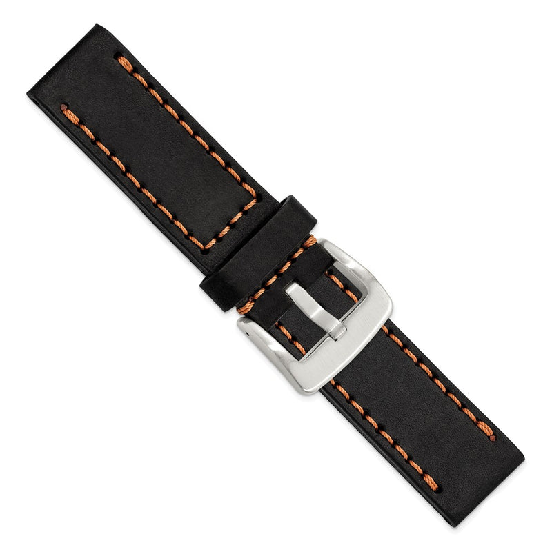 Gilden 24mm Black Thick and Heavy Sport Calfskin Leather with Brown Stitching and Stainless Steel Buckle 8.1 inch Watch Band
