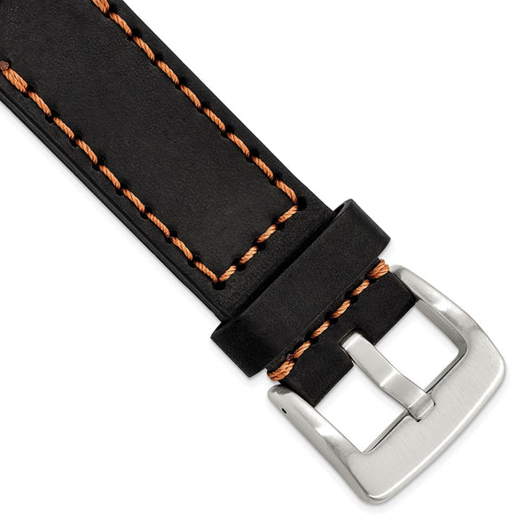 Gilden 24mm Black Thick and Heavy Sport Calfskin Leather with Brown Stitching and Stainless Steel Buckle 8.1 inch Watch Band