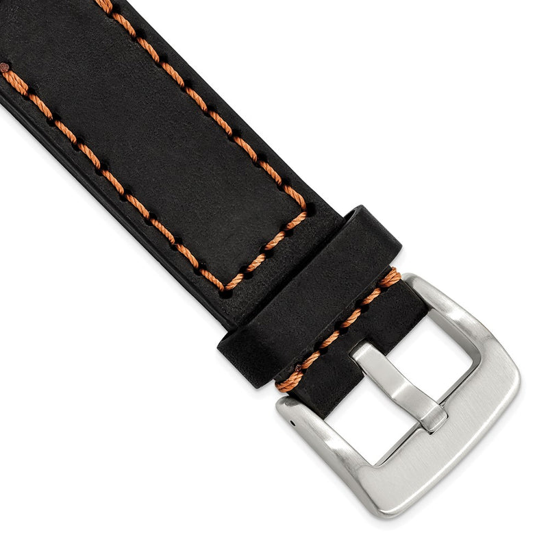 Gilden 24mm Black Thick and Heavy Sport Calfskin Leather with Brown Stitching and Stainless Steel Buckle 8.1 inch Watch Band