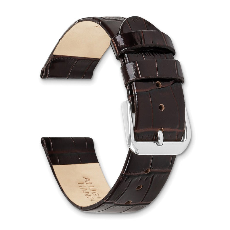 DeBeer 18mm Dark Brown Flat Alligator Grain Leather with Silver-tone Buckle 7.5 inch Watch Band