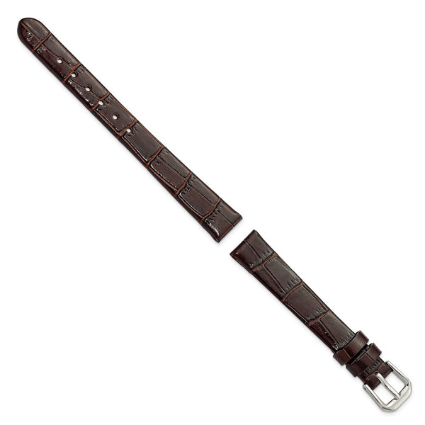 DeBeer 12mm Dark Brown Flat Alligator Grain Leather with Silver-tone Buckle 7.5 inch Watch Band