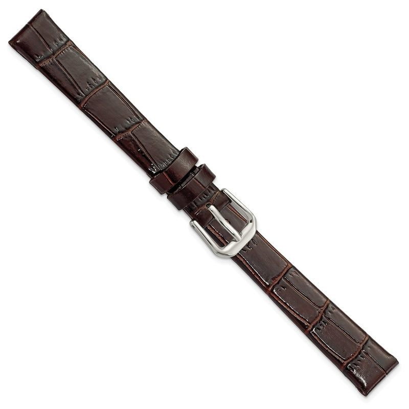 DeBeer 12mm Dark Brown Flat Alligator Grain Leather with Silver-tone Buckle 7.5 inch Watch Band