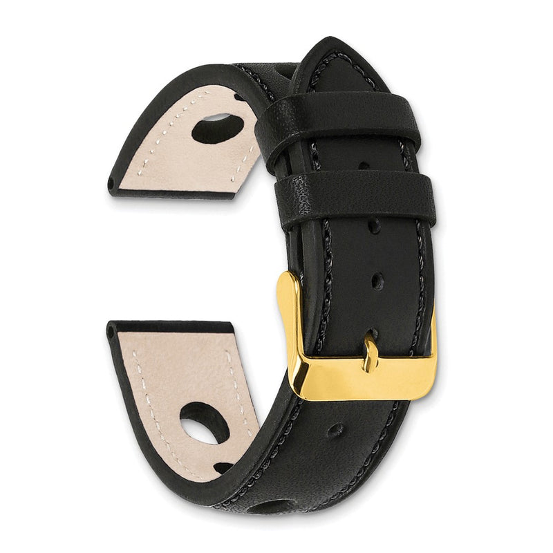 18mm Black Grand Prix Leather Black Stitch Gold-tone Buckle Watch Band